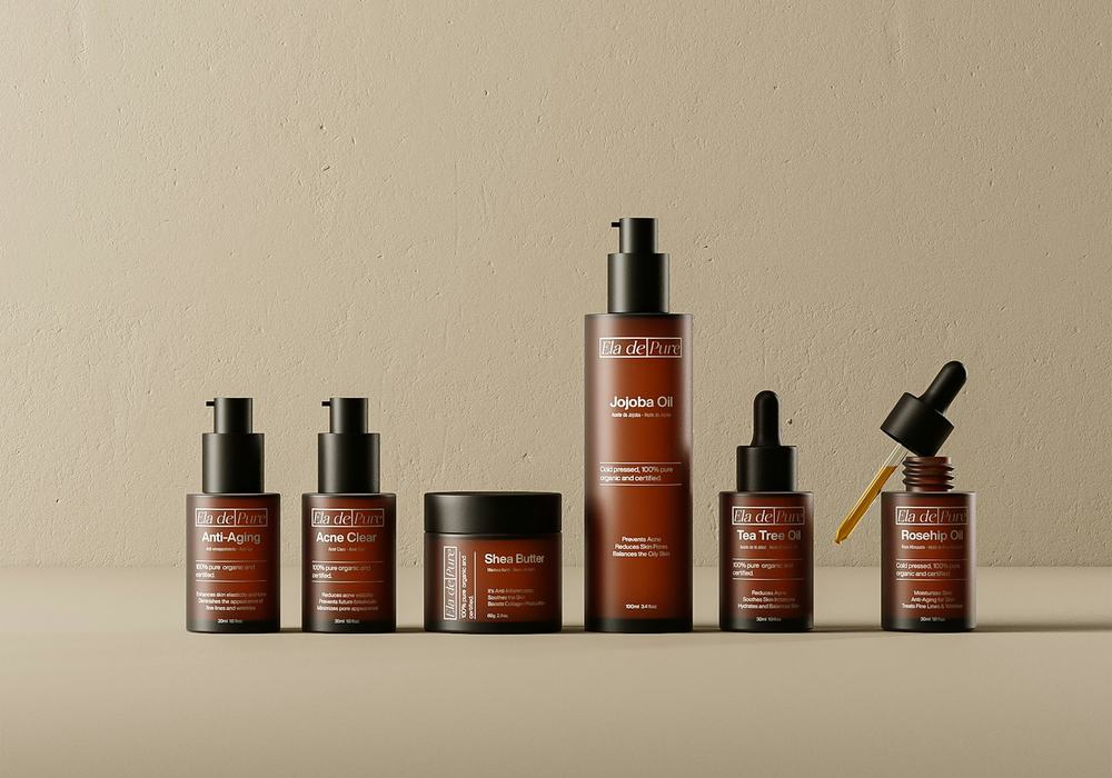 A set of skincare bottles on a counter